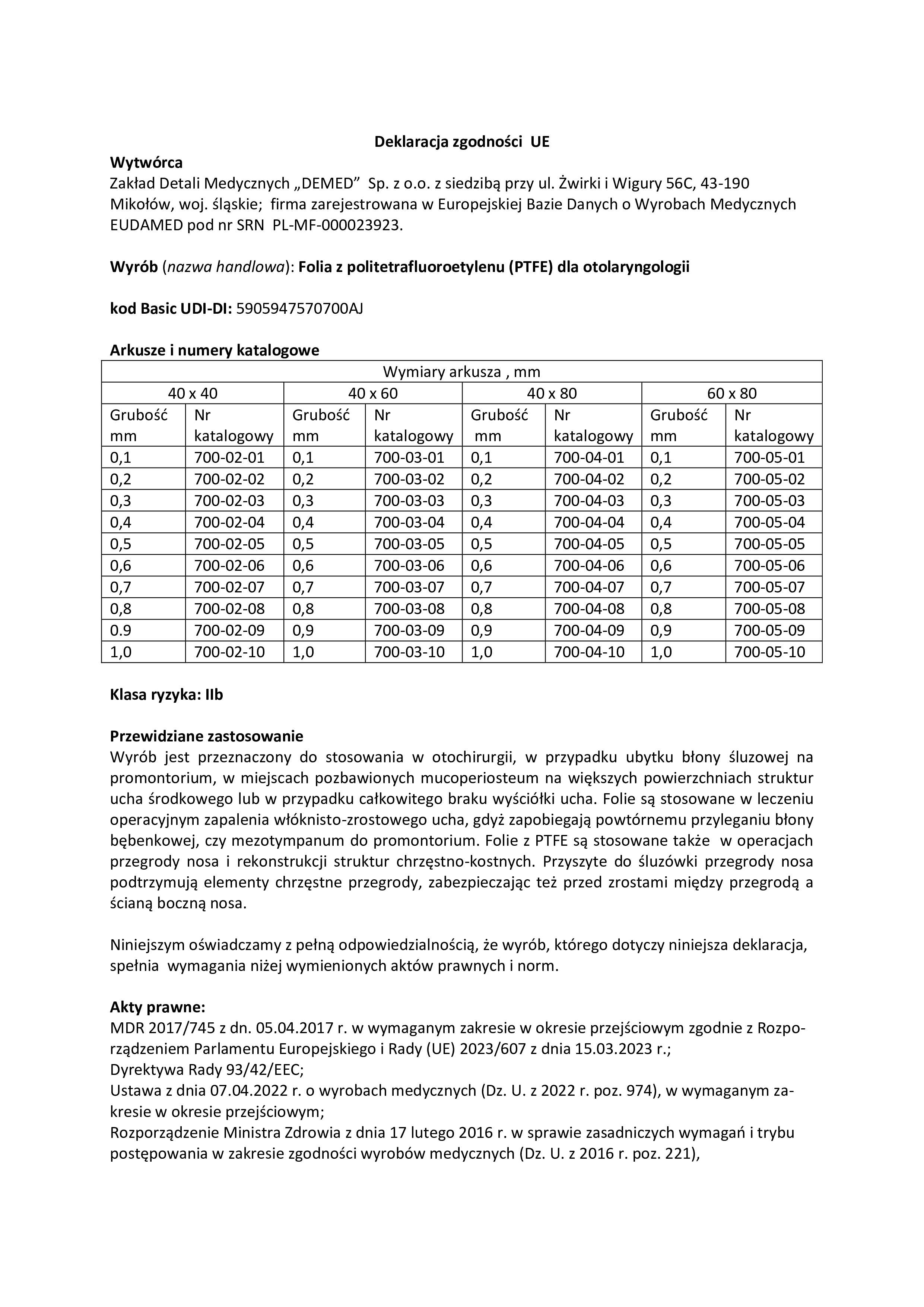 deklaracja zgodności dla produktu: Folia z politetrafluoroetylenu (PTFE) dla otolaryngologii